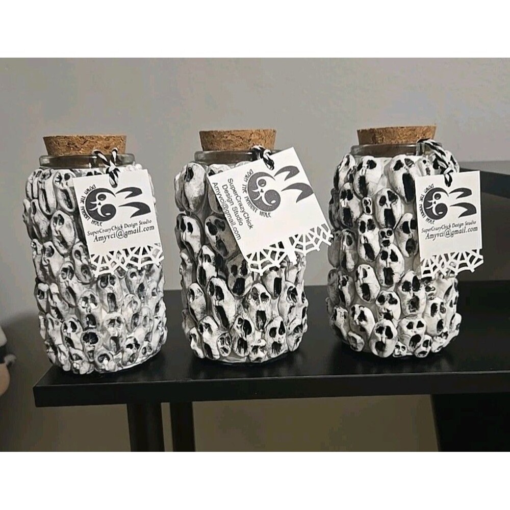 Handmade Set of 3 OOAK Art Clay over Glass Spooky Creature Ghoul Potion Bottles